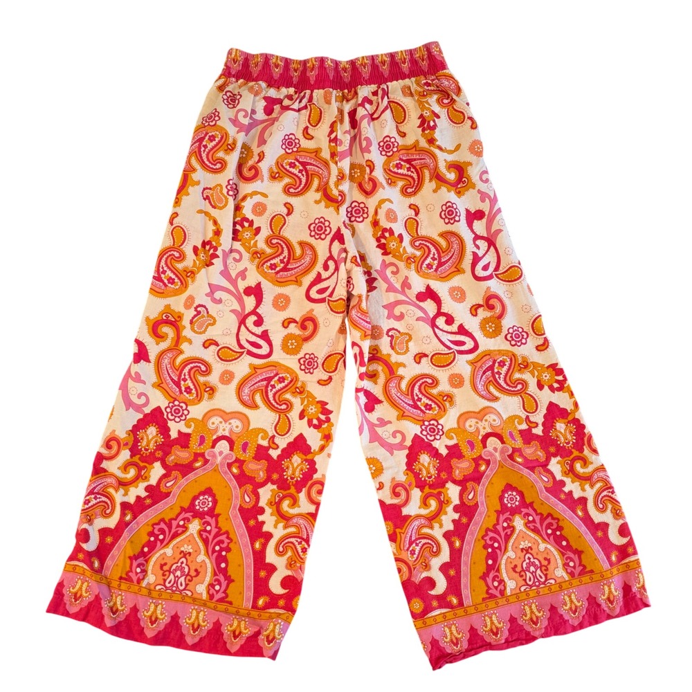 Haute Hippie Style Pink Orange Paisley Linen Blend Culottes Wide Leg Pants S